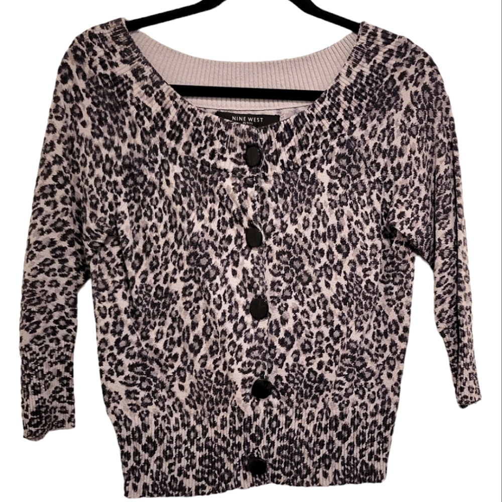2/$18 Nine West Collarless Cropped Cardigan Sweater Button Down Animal Print
